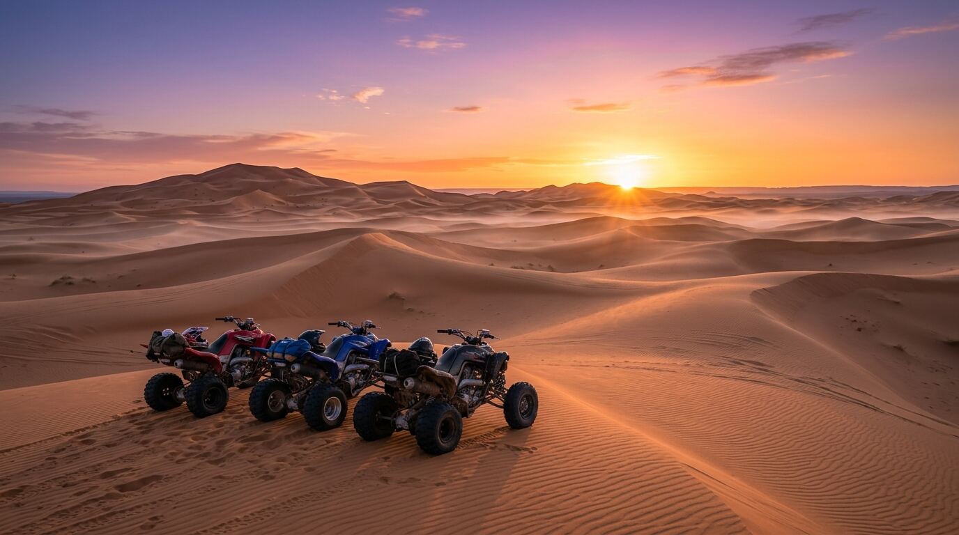 Golden morning sunrise light illuminating the wind-rippled sand dunes of Erg Chebbi in Merzouga